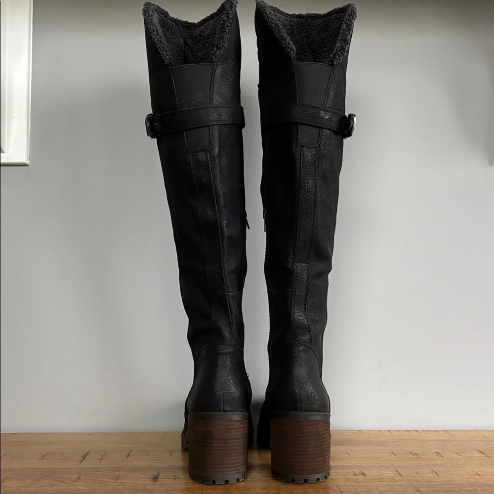 Lucky Brand Narlee Black Leather Faux Fur Over the Knee Chunky Heel Boots sz 10
